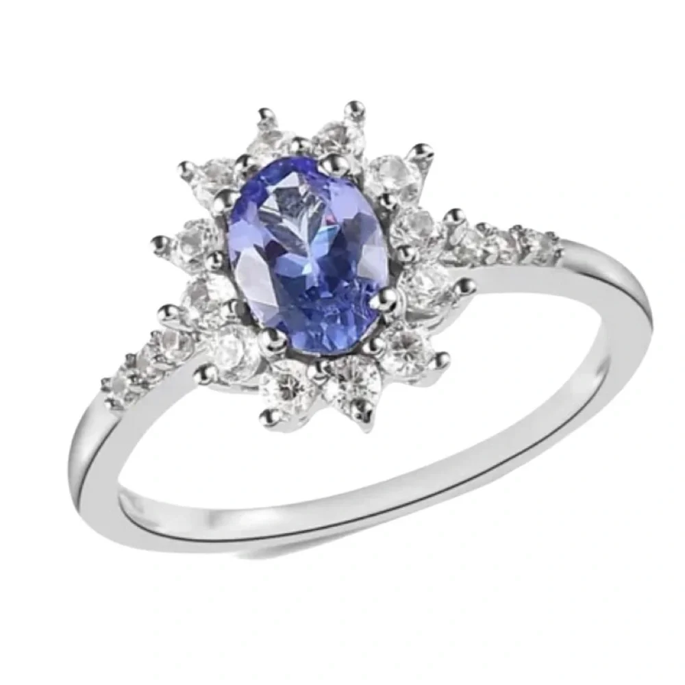 Tanzanite & White Zircon Sunburst Ring Platinum Over Sterling Silver 1.00 CTW